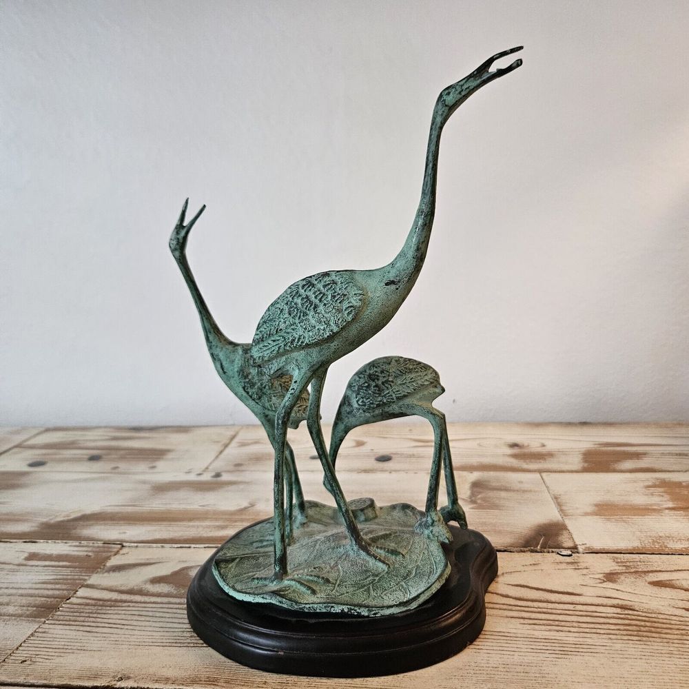 Vintage cast bronze CRANES sculpture lily‎ pad base Asian statue fine art birds